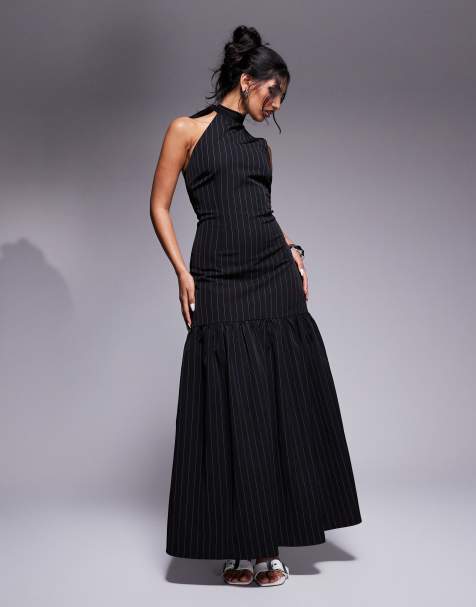 Kaiia – Exklusives Maxikleid mit Neckholder zum Binden in Schwarz mit Nadelstreifen und tiefem Saum - view 1