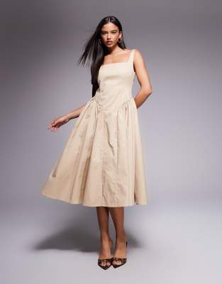 Kaiia - Exklusives Midikleid in Beige mit hohem Baumwollanteil, eckigem Ausschnitt und gerafftem Detail an der Hüfte-Neu...