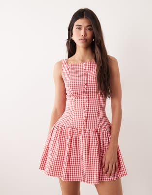 Kaiia - Exklusives Minikleid in Rot mit Vichy-Karomuster, hohem, eckigem Ausschnitt und Knopfleiste-Bunt