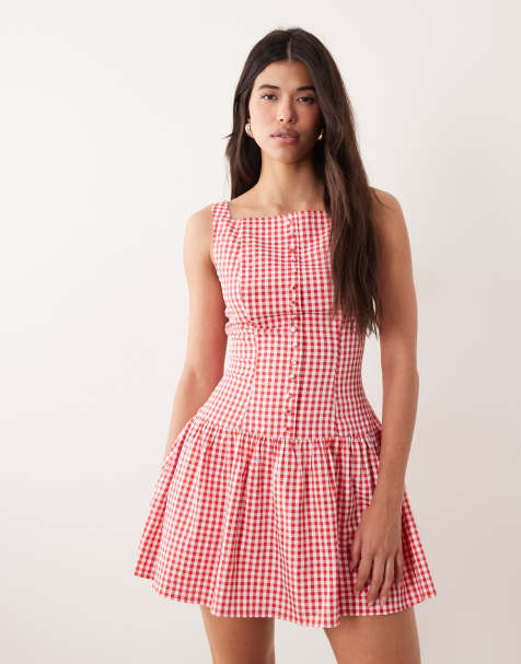 Kaiia – Exklusives Minikleid in Rot mit Vichy-Karomuster, hohem, eckigem Ausschnitt und Knopfleiste - view 1