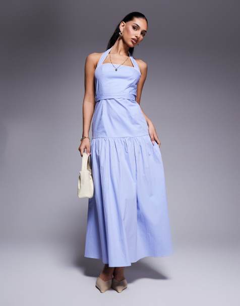 Kaiia – Exklusives Neckholder-Maxikleid aus Popeline in zartem Blau mit Bindeband und tiefer Taille - view 1