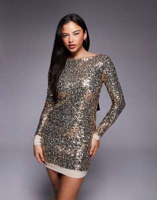 Kaiia - Exklusives Pailletten-Minikleid in Gold mit Satin-Schleife am Rücken und U-Boot-Ausschnitt-Marineblau