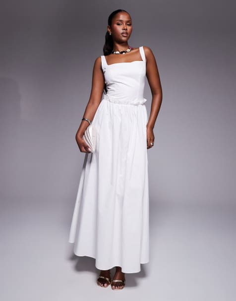 Kaiia – Exklusives Popeline-Maxikleid in Weiß mit gerüschter Taille und eckigem Ausschnitt - view 1