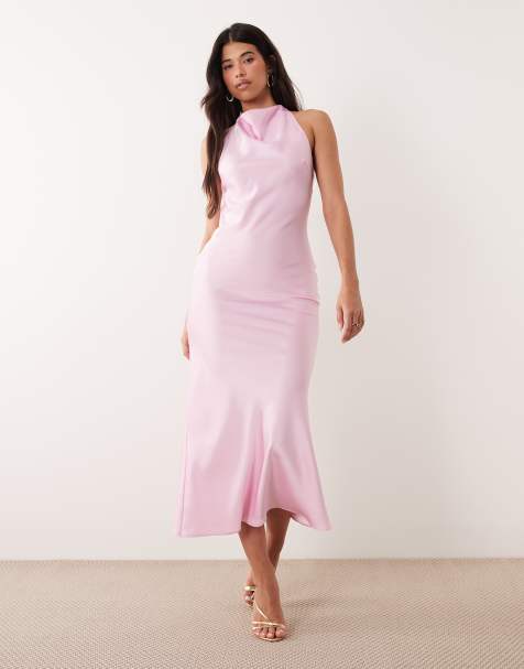 Kaiia – Exklusives Satin-Maxikleid in Babyrosa mit hochgeschlossenem Wasserfallausschnitt sowie Spitze am Rücken - view 1
