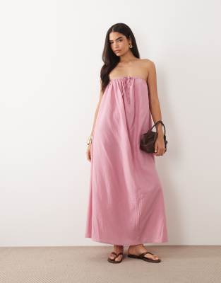 Exklusives, trapezförmiges Maxi-Sommerkleid aus Leinenmix in Rosa mit Neckholder Rosa 34