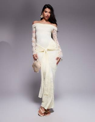 Kaiia - Exklusives, zweilagiges, anschmiegsames Maxikleid aus Spitze in Zitronengelb mit Carmen-Ausschnitt, ausgestellte...