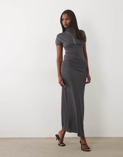 Kaiia exklusivt 90-tals finstickad topp med hög krage och cap sleeves i charcoal, set - view 1