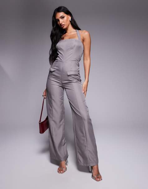Kaiia – Exklusivt – Grå, kritstrecksrandig, figursydd jumpsuit med halterneck och vida ben - view 1