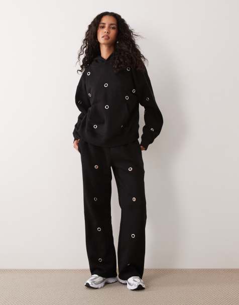 Kaiia eyelet oversized hoodie and trackies set in black - view 1