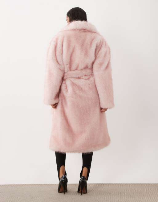 Kaiia faux fur collared belted maxi coat in baby pink, 3 of 4