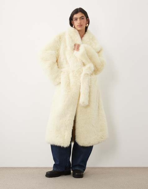 Kaiia faux fur collared belted maxi coat in butter yellow - view 1