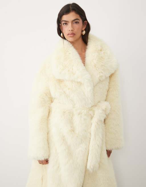 Kaiia faux fur collared belted maxi coat in butter yellow, 3 of 4