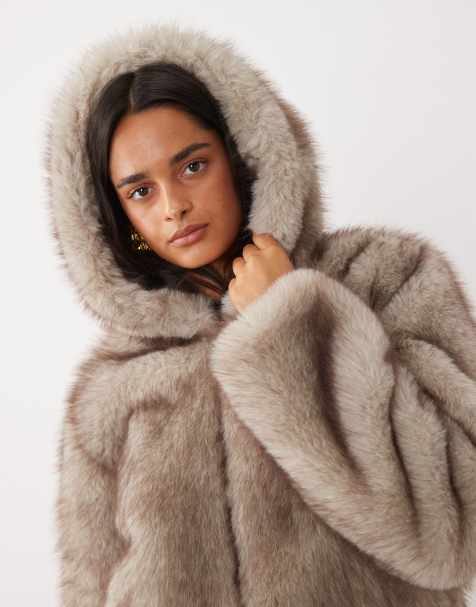 Kaiia faux fur hooded cropped jacket in soft brown - view 1
