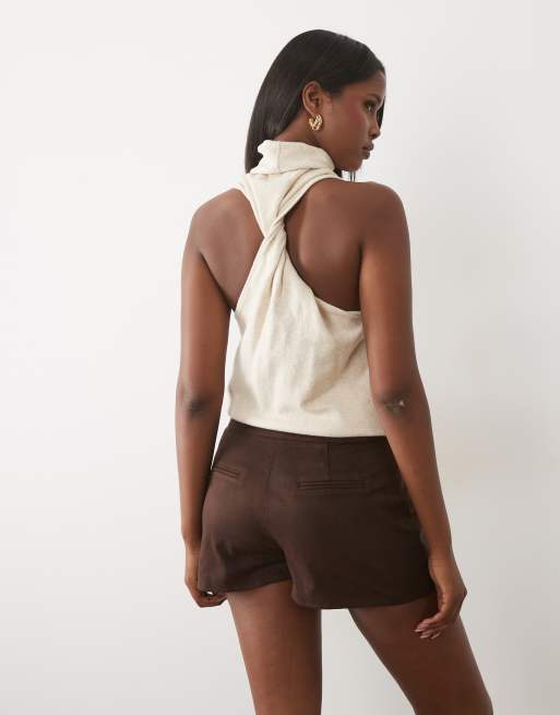 Kaiia faux suede micro shorts in chocolate, 3 of 5