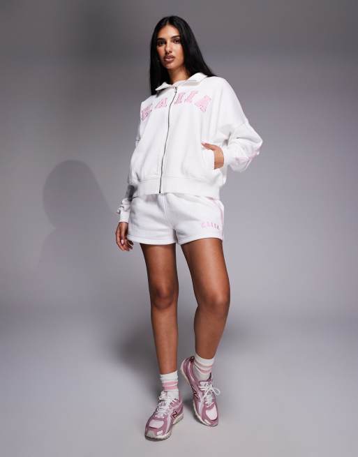 Kaiia - Felpa bianca e rosa con logo ricamato e collo a imbuto con zip in coordinato, 3 di 4