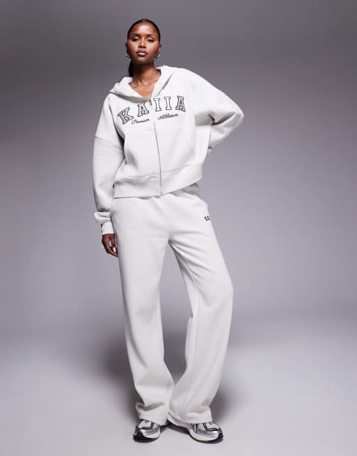 Kaiia - Felpa con cappuccio grigio chiaro in misto cotone con zip e logo ricamato in coordinato  , 2 di 4