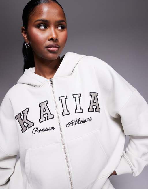 Kaiia - Felpa con cappuccio grigio chiaro in misto cotone con zip e logo ricamato in coordinato  , 4 di 4