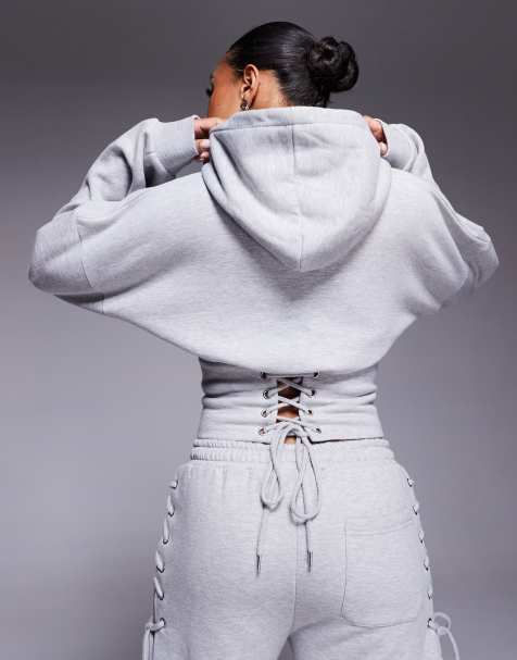 Kaiia - Felpa con cappuccio grigio medio in misto cotone stretta in vita con lacci stile corsetto in coordinato - view 1