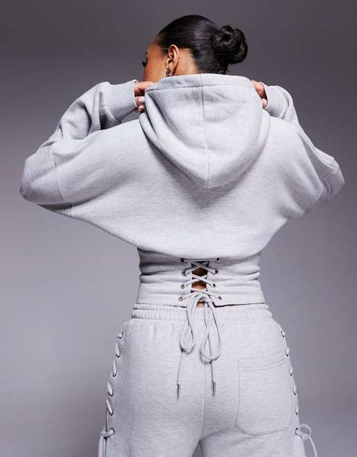 Kaiia - Felpa con cappuccio grigio medio in misto cotone stretta in vita con lacci stile corsetto in coordinato  