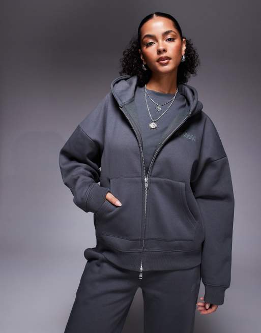 Kaiia - Felpa con cappuccio grigio scuro in misto cotone con zip e logo applicato a caldo in coordinato  , 2 di 4