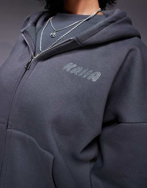 Kaiia - Felpa con cappuccio grigio scuro in misto cotone con zip e logo applicato a caldo in coordinato  , 3 di 4