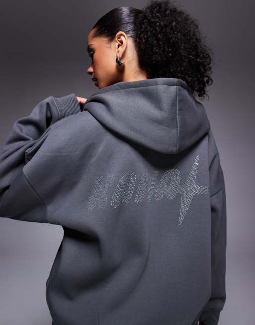 Kaiia - Felpa con cappuccio grigio scuro in misto cotone con zip e logo applicato a caldo in coordinato  , 4 di 4