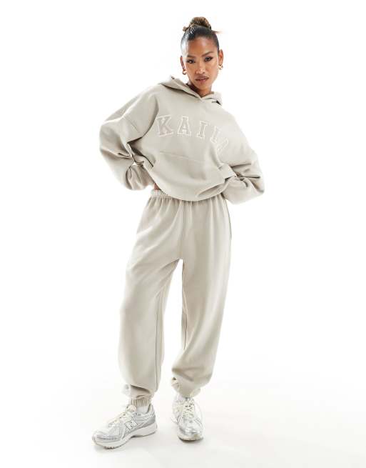 Kaiia - Felpa con cappuccio oversize color pietra in misto cotone con logo in coordinato  , 2 di 4