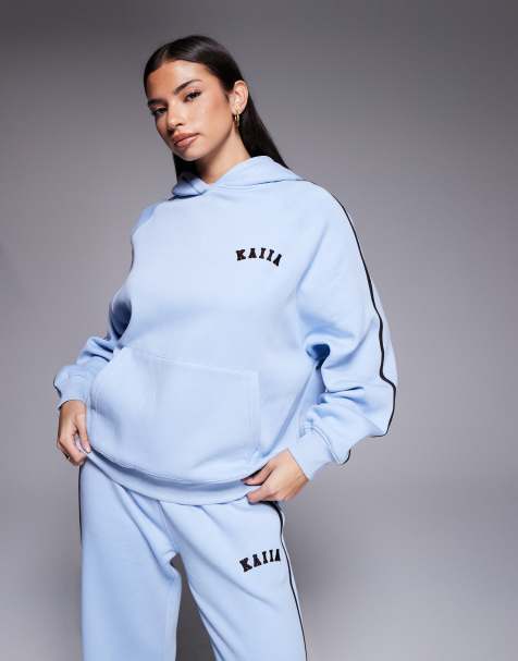 Kaiia - Felpa con cappuccio oversize in misto cotone celeste con logo ricamato e righe a contrasto in coordinato - view 1