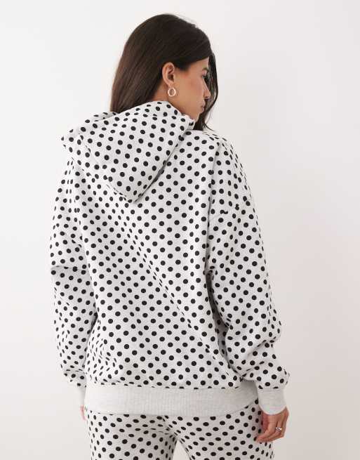 Kaiia - Felpa con cappuccio oversize in misto cotone grigia e nera a pois con logo ricamato in coordinato, 4 di 4