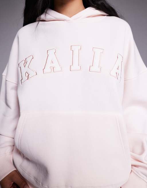 Kaiia - Felpa con cappuccio oversize in misto cotone rosa chiaro con logo ricamato in coordinato  , 2 di 4