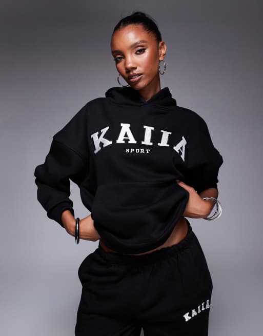 Kaiia - Felpa con cappuccio oversize nera e crema in misto cotone con logo Sport ricamato in coordinato  