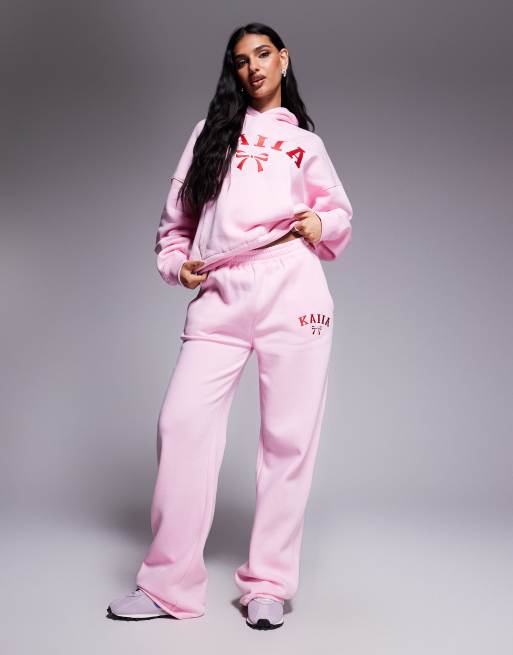 Kaiia - Felpa con cappuccio oversize rosa e rossa in misto cotone con logo e fiocco ricamati in coordinato  , 2 di 4
