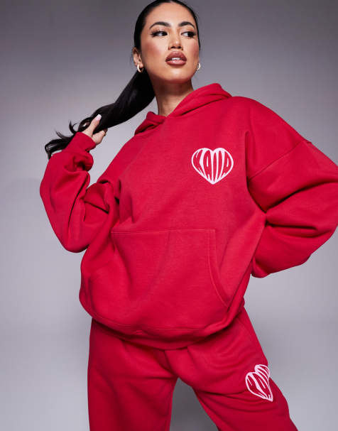 Kaiia - Felpa con cappuccio oversize rossa con logo a cuore rosa a contrasto in coordinato - view 1