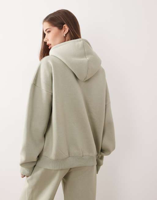 Kaiia - Felpa con cappuccio oversize verde salvia con logo in pile borg di misto cotone in coordinato  , 4 di 4