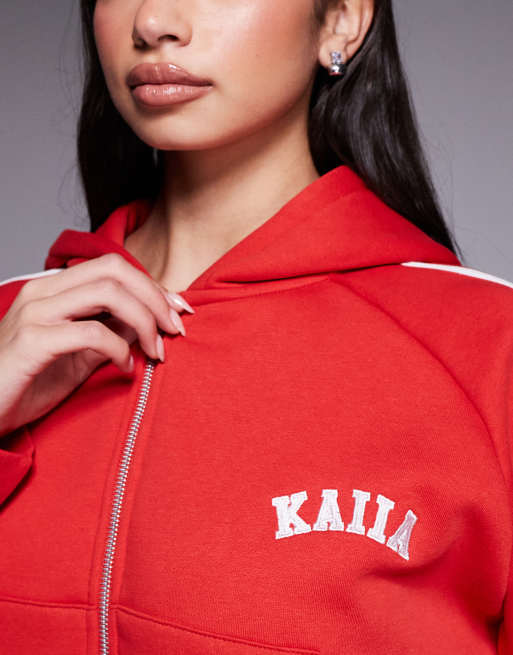 Kaiia - Felpa con cappuccio rossa in misto cotone con zip e logo ricamato con riga laterale in coordinato, 2 di 4