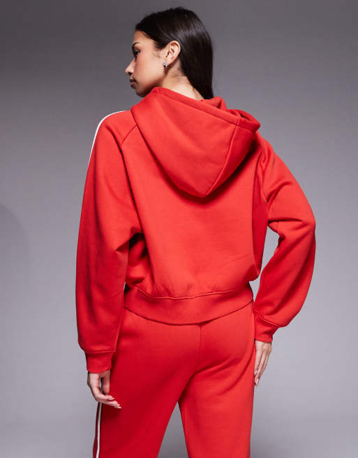 Kaiia - Felpa con cappuccio rossa in misto cotone con zip e logo ricamato con riga laterale in coordinato, 3 di 4