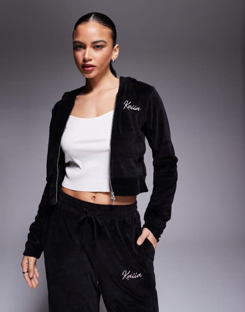 Kaiia - Felpa corta in velour nero e rosa confetto con cappuccio, zip e logo ricamato in coordinato - view 1