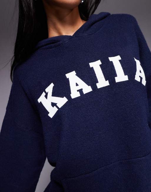 Kaiia - Felpa in maglia blu navy con cappuccio e logo ricamato in coordinato, 3 di 4