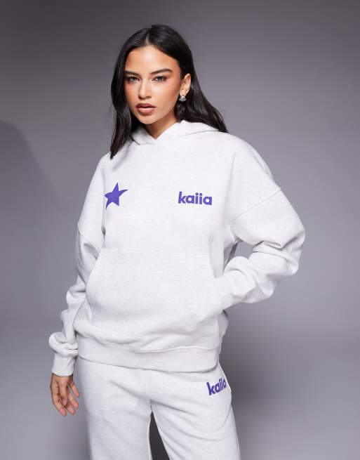 Kaiia - Felpa misto cotone grigio chiaro mélange con cappuccio e logo con stelline in coordinato, 4 di 4