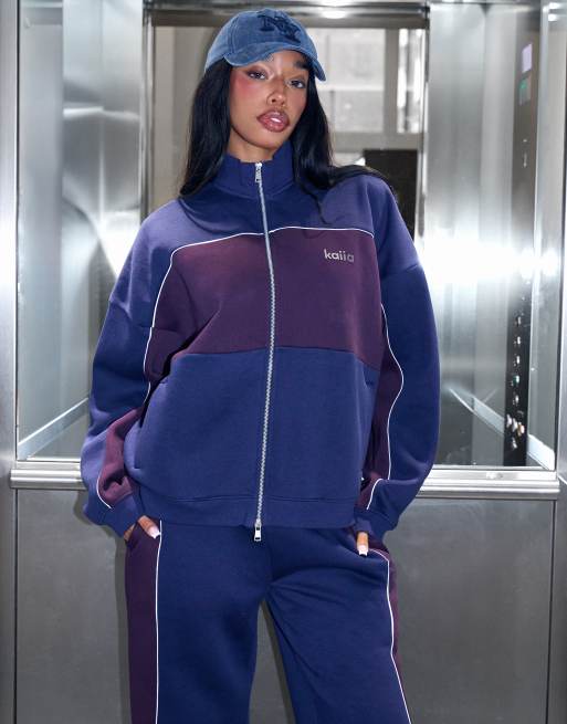 Kaiia - Felpa oversize blu navy e bordeaux in misto cotone con zip e righe a contrasto in coordinato  