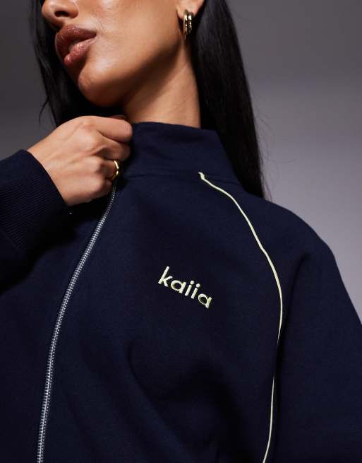 Kaiia - Felpa oversize blu navy e gialla con zip e logo ricamato in coordinato, 4 di 4
