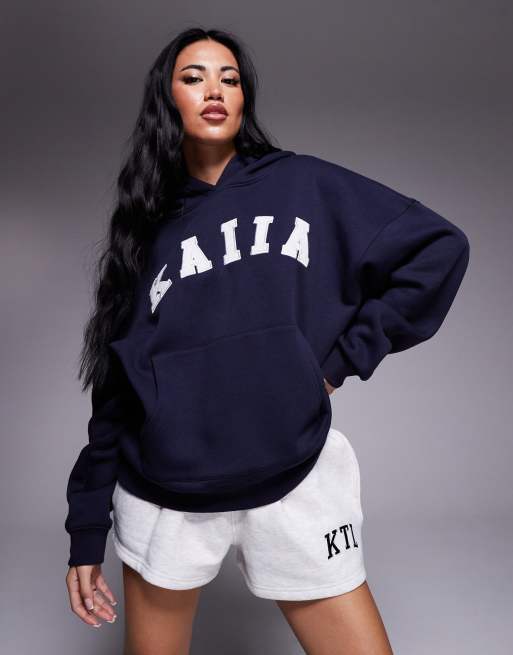 Kaiia - Felpa oversize color navy con cappuccio e logo ricamato