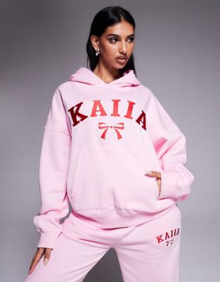 Kaiia - Felpa oversize color rosa e rosso con cappuccio e logo con fiocco ricamato in coordinato - view 1
