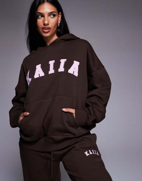 Kaiia - Felpa oversize con cappuccio color marrone cioccolato e rosa con logo ricamato in coordinato - view 1