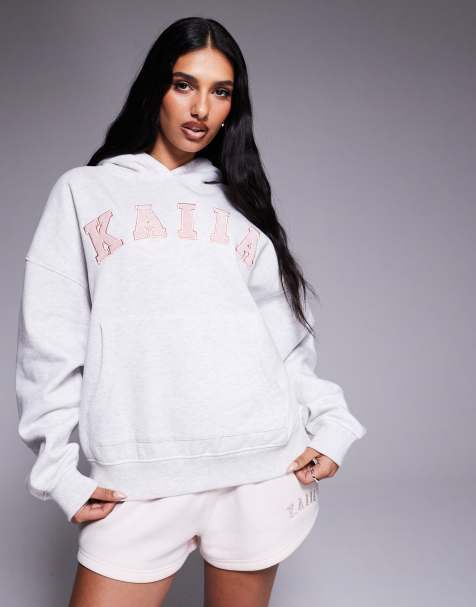 Kaiia - Felpa oversize in misto cotone grigio chiaro con cappuccio e logo ricamato rosa - view 1