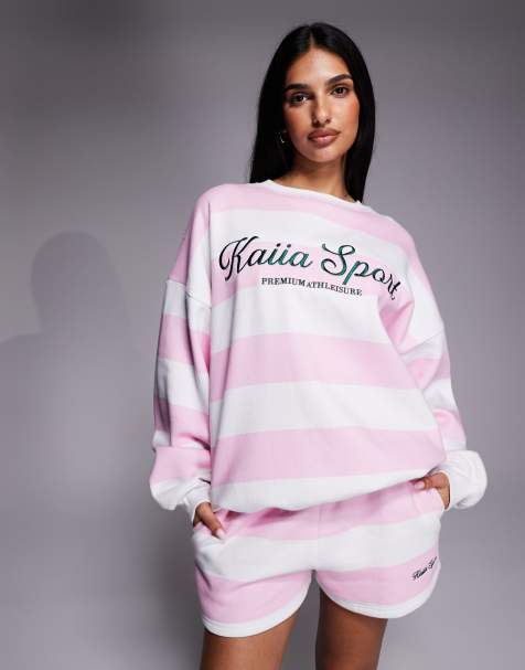 Kaiia - Felpa oversize in misto cotone rosa e bianco a righe con logo ricamato in coordinato - view 1