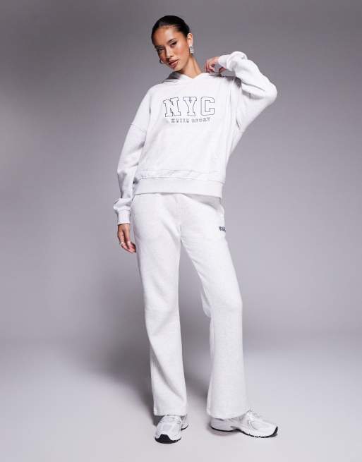 Kaiia - Felpa sportiva oversize in misto cotone grigio mélange con cappuccio e scritta NYC  , 2 di 4