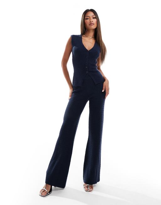 Kaiia fine cable knit wide leg pants in navy - part of a set