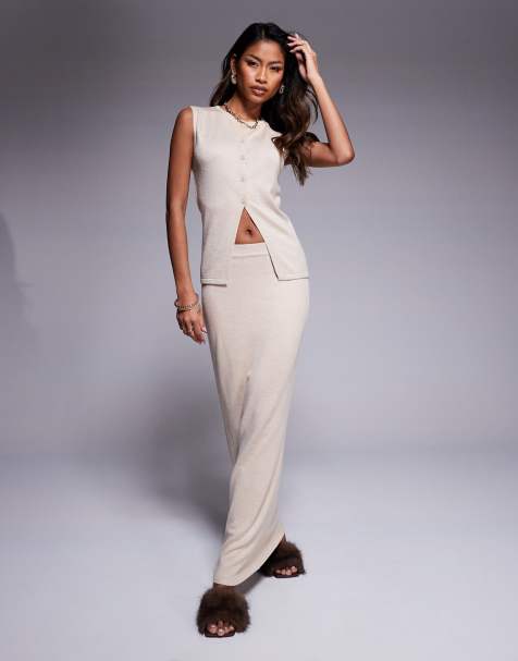 Kaiia fine knit longline waistcoat and maxi skirt co-ord in oatmeal - view 1