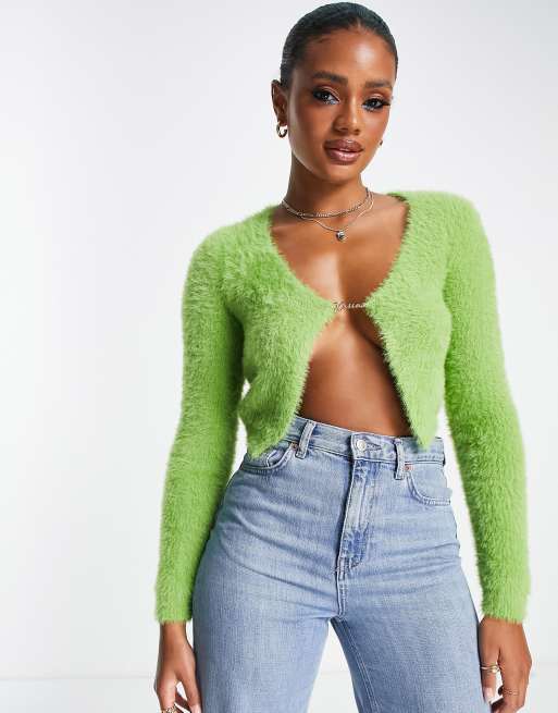 Kaiia fluffy knit cropped cardigan with pin detail in green ASOS